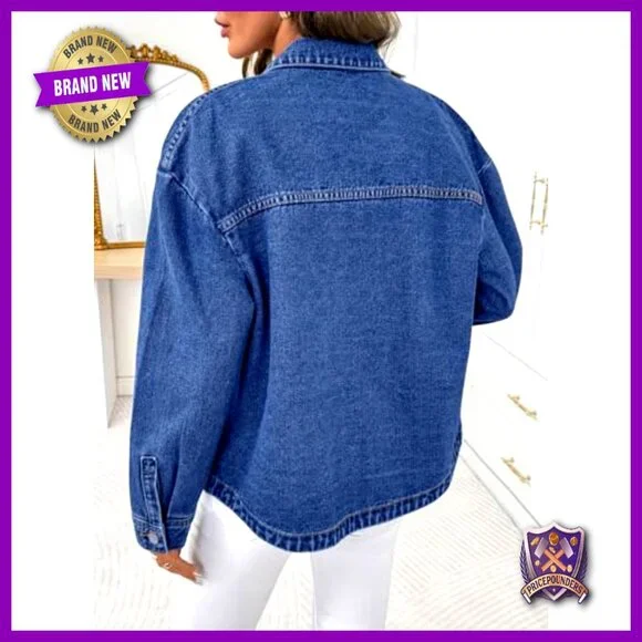 Oversized Denim Jacket Classic Boyfriend Fit Button Down Casual Chic